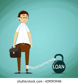 Man chained to the kettlebell with inscription loan. Stock Vector cartoon illustration.