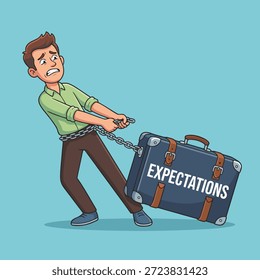 A man is chained to a large suitcase with the word 'EXPECTATIONS' written on it, symbolizing the burden of high expectations.