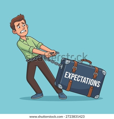 A man is chained to a large suitcase with the word 'EXPECTATIONS' written on it, symbolizing the burden of high expectations.