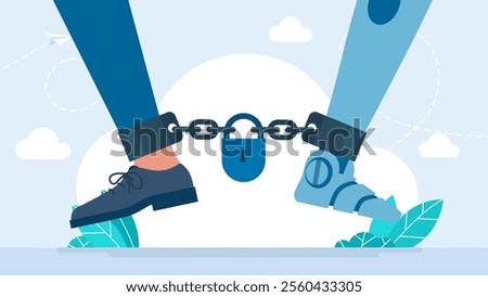 Man chained to robot. Addiction to artificial intelligence. Concept of technology issue, cheating, reliance on AI. Fighting technology and computer addiction. Social issues. Vector illustration