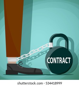 Man chained to the weight with the word contract. Stock vector illustration.