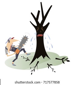 Man with chainsaw and crying tree illustration. Man with chainsaw cuts all branches of the crying tree
