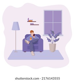 A man in a chair with a smartphone and coffee, vector illustration