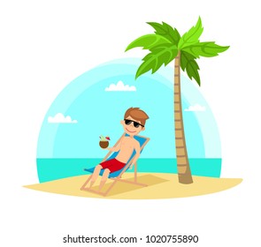 Man in a chaise longue on the beach. the cartoon style. Vector illustration.