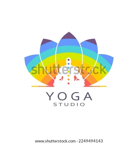 Man with chakra points sitting in yoga lotus pose. Relaxed male character performing meditation exercise. Logo for sport and health business.