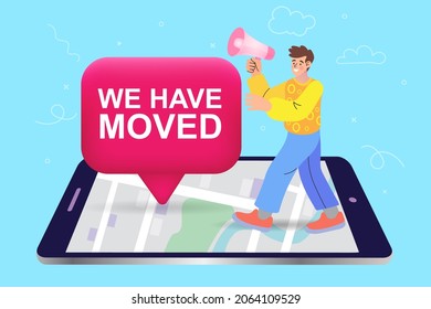 Man change of address on smartphone. We have moved. new location concept. Pin map in hand of young businessman inside smartphone screen. vector illustration.