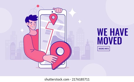 Man change of address on smartphone. We have moved. new location concept. Pin map in hand of young businessman inside smartphone screen. vector outline illustration.