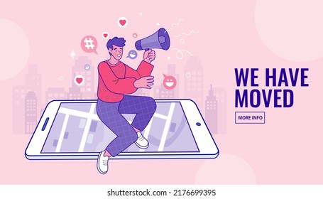 Man change of address on smartphone. We have moved. new location concept. Pin map in hand of young business woman inside smartphone screen. vector outline illustration.