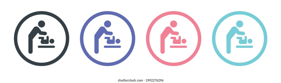 Man Change Diaper In Baby Room Icon, Table For Replace Nappy, Dad Swaddle A Baby Circle Sign.