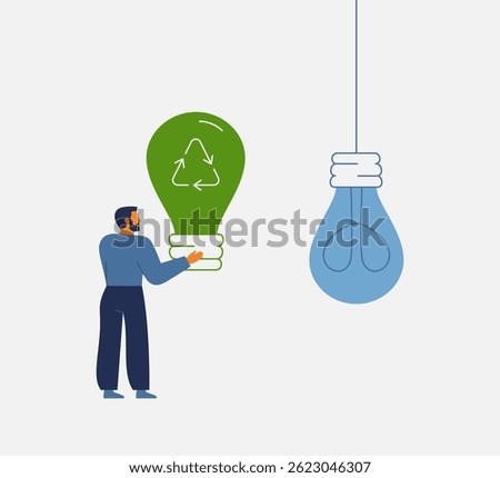 Man change old model to new innovation lightbulb idea, transform to new business solution, green technology and sustainable concept. vector illustration 