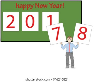man changes the new year cards from 7 to 8. The inscription Happy New Year! concept of New Year's holidays. vector illustration.