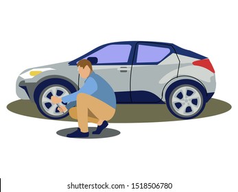 A man changes the wheel of a car. Tire service. In minimalist style. Cartoon flat vector.