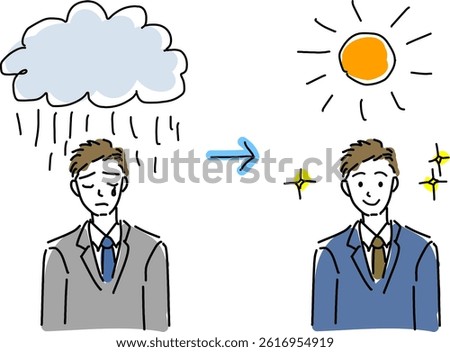 man changing from a gloomy mood to a cheerful one hand drawing vector illustration