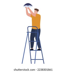 Man changing light bulb standing on climbing stairs vector flat illustration. Male electric fluorescent installation lightbulb maintenance housework occupation broken energy technology replacing