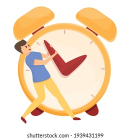 Man changing time. Alarm clock, time management icon. Cartoon of man and Alarm clock, time management vector icon for web design isolated on white background