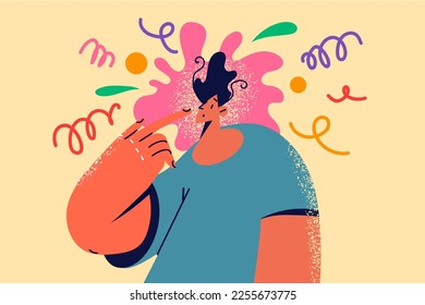 Man with chaos in head involved in creative thinking. Millennial creative male lost in thoughts or ideas. Imagination and visualization. Vector illustration. 