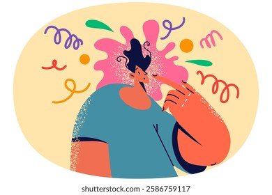 Man with chaos in head involved in creative thinking. Millennial creative male lost in thoughts or ideas. Imagination and visualization. Vector illustration.