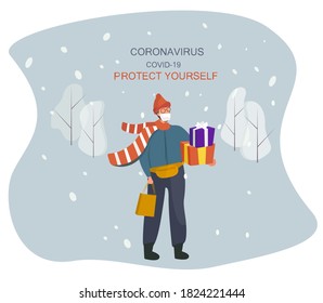 Man Charachter in Medical Mask Celebrating Christmas and New Year during Quarantine.Christmas Party in Covid 19.Man Carries Christmas Toys and Gifts for New Year in Winter.Flat Vector Illustration
