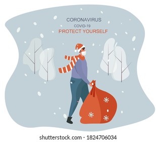 Man Charachter in Medical Mask Celebrating Christmas and New Year during Quarantine.Christmas Party in Covid 19.Character in Santa Hats Carries Gifts for New Year under Tree.Flat Vector Illustration