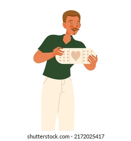 Carácter de hombre con escayola adhesiva cuidado con la ilustración del vector de ahorro de planeta
