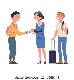 Man Character at the Airport Gate with Luggage Boarding Plane with Ticket Vector Illustration