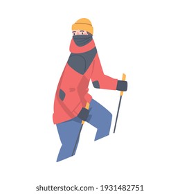 Man Character with Alpenstock Wearing Warm Clothing Ascending Mountain Vector Illustration