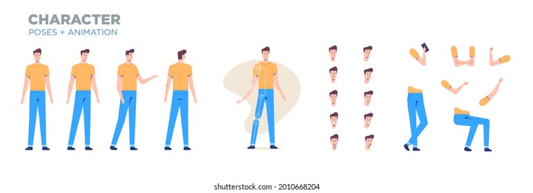 Man Character For Animation. Creation Set With Various Views, Face Emotions, Poses And Gestures.