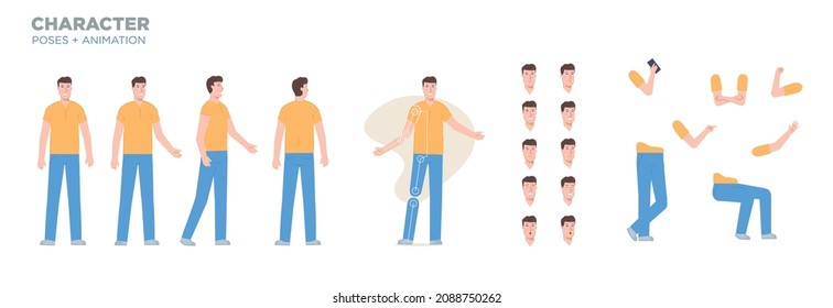 Man character for animation. Creation set with various views, face emotions, poses and gestures.