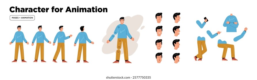 Man character for animation. Creation set with various views, face emotions, poses and gestures.