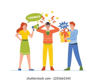 Man Character Annoyed by Intrusive Advertising. Male with Gift Box and Female with Loudspeaker Sellers Offer Products with Discounts Isolated on White Background. Cartoon People Vector Illustration