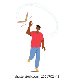 Personagem Homem com Expressão Ansiosa Capturando Habilisticamente Um Bumerangue No Meio Do Ar Enquanto Em Pé E Vestindo Roupas Casuais Mostrando Diversão E Atividade Ao Ar Livre. Ilustração do vetor de pessoas do desenho animado