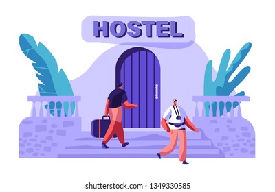 Man Character Arrive at Hostel Building with Bag. International Travel Concept. Tourist with Camera Walking Outside. People Booking Hotel for Holiday Flat Cartoon Vector Illustration