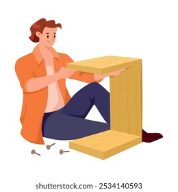 Hombre Carácter Montar Muebles como Ilustración vectorial de Trabajo de Reparación de Hogar DIY