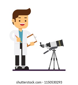 Man character avatar icon.Man astronomer in white lab coat standing near telescope