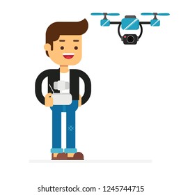 Man character avatar icon.Man controlling a flying drone