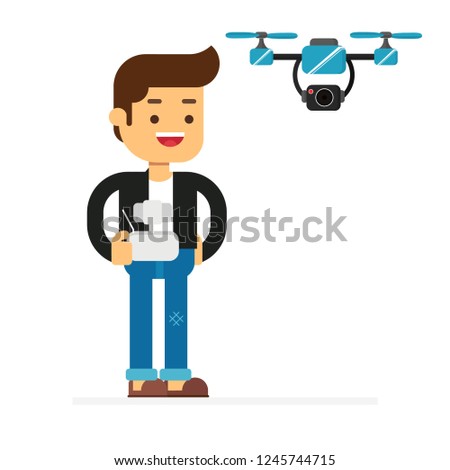 Man character avatar icon.Man controlling a flying drone