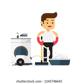 Man character avatar icon.man wearing uniform with a vacuum cleaner