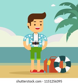 Man character avatar icon.Man wears summer Hawaiian aloha shirt