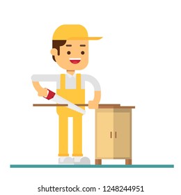 Man character avatar icon.Carpenter makes a product from a tree