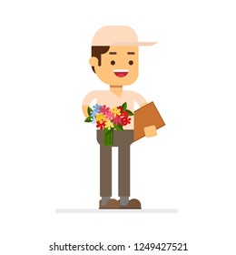 Man character avatar icon.Courier with a bouquet
