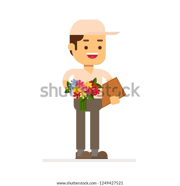 Man\
character avatar icon.Courier with a\
bouquet