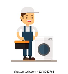 Man character avatar icon.Happy repairman and washing machine
