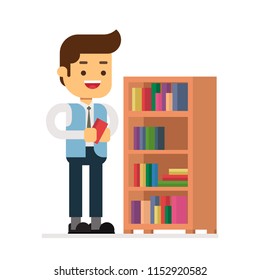 Man character avatar icon.librarian with a bookshelf