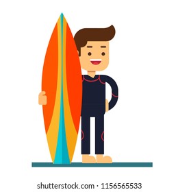 Man character avatar icon.Surfer character in wetsuit with surfboard