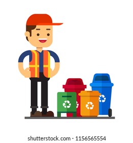 Man character avatar icon.waste bins