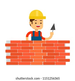 Man character avatar icon.Worker builds a wall