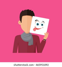 Man character avatar vector. Flat style. Brunet male portrait with joy, fun, foolery, playfulness, gaiety, emotional mask. Illustration for identity in Internet, mood concepts, app icons, infographic