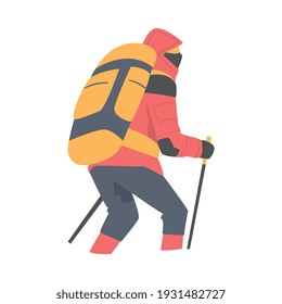 Carácter masculino con mochila que incide en la ilustración de vectores de montaña