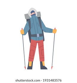 Man Character with Backpack Ascending Mountain Vector Illustration