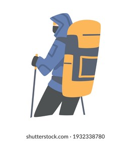 Man Character with Backpack Ascending Mountain Vector Illustration